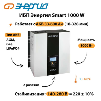 ИБП Энергия Smart 1000W - ИБП и АКБ - Энергия ИБП Smart - . Магазин оборудования для автономного и резервного электропитания Ekosolar.ru в Минусинске