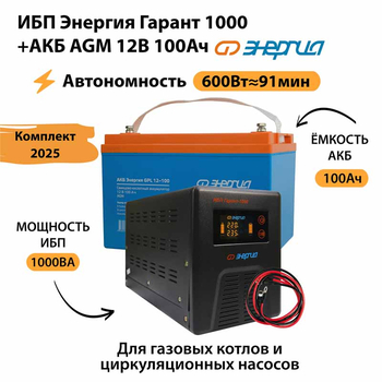 ИБП для котла Энергия Гарант 1000 + Аккумулятор 100 Ач 12 В (600Вт - 91мин) - ИБП и АКБ - ИБП для котлов - . Магазин оборудования для автономного и резервного электропитания Ekosolar.ru в Минусинске