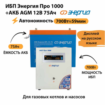 ИБП для котла Энергия Про 1000 + Аккумулятор 75 Ач 12 В (700Вт - 59мин) - ИБП и АКБ - ИБП для котлов - . Магазин оборудования для автономного и резервного электропитания Ekosolar.ru в Минусинске