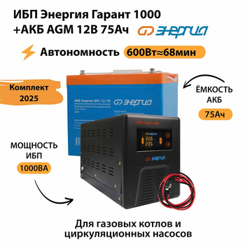 ИБП для котла Энергия Гарант 1000 + Аккумулятор 75 Ач 12 В (600Вт - 68мин) - ИБП и АКБ - ИБП для котлов - . Магазин оборудования для автономного и резервного электропитания Ekosolar.ru в Минусинске