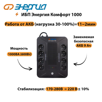 ИБП Комфорт 1000 Энергия - ИБП и АКБ - ИБП для компьютера - . Магазин оборудования для автономного и резервного электропитания Ekosolar.ru в Минусинске