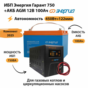 ИБП для котла Энергия Гарант 750 + Аккумулятор 100 Ач 12 В (450Вт - 122мин) - ИБП и АКБ - ИБП для котлов - . Магазин оборудования для автономного и резервного электропитания Ekosolar.ru в Минусинске